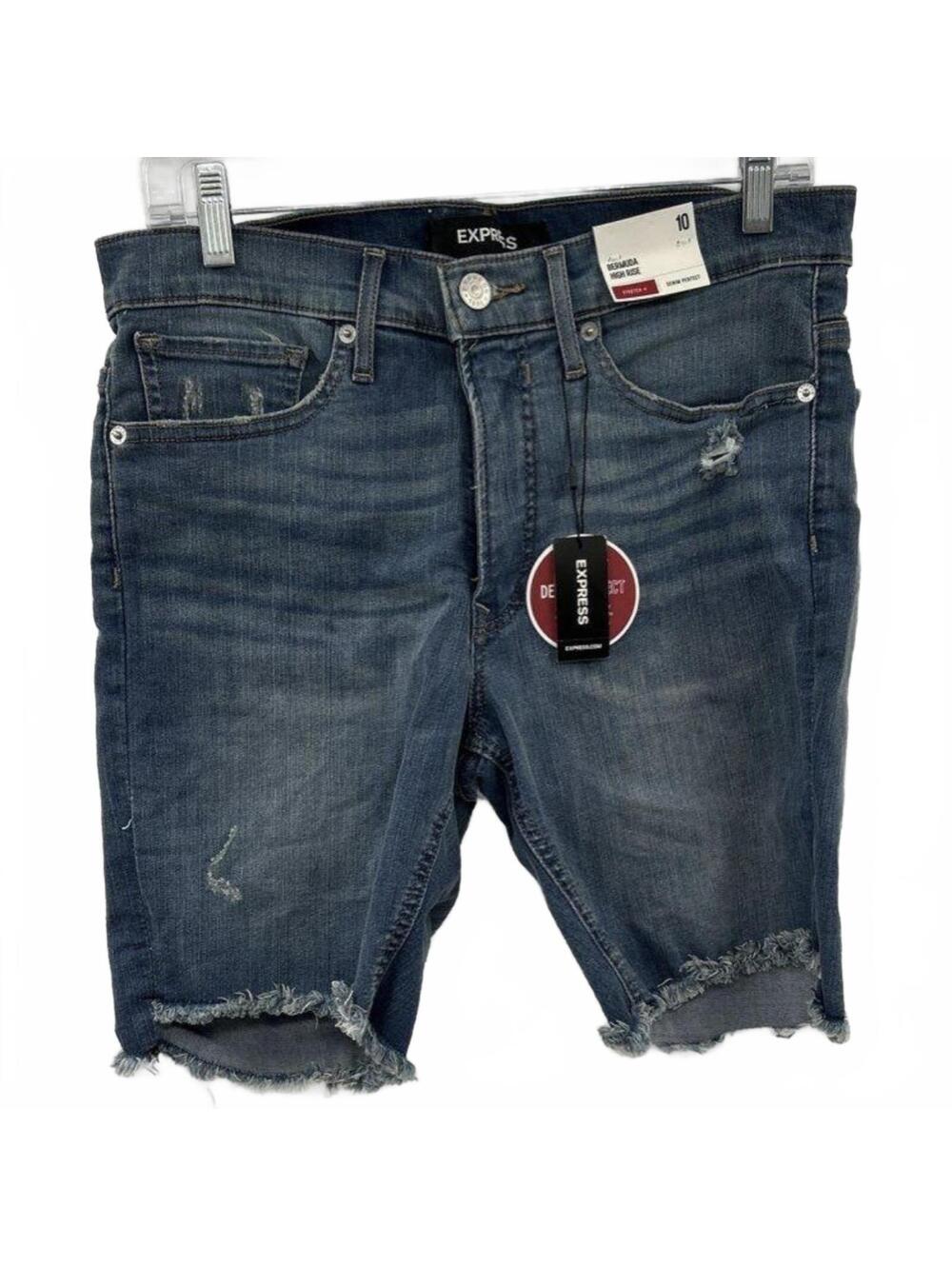 NWT Express Denim Perfect High-Rise Distressed Denim Cut Off Shorts , size 10